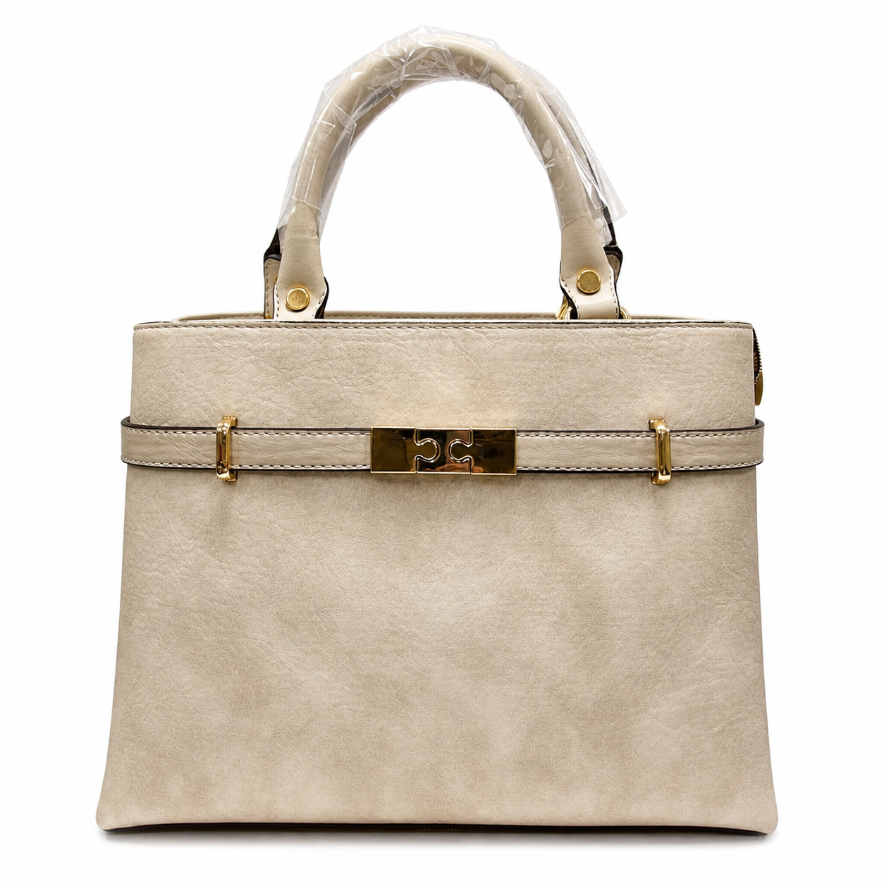 Molita Beige Classic Structured Handbag with Gold Lock Detail – Turkish Design