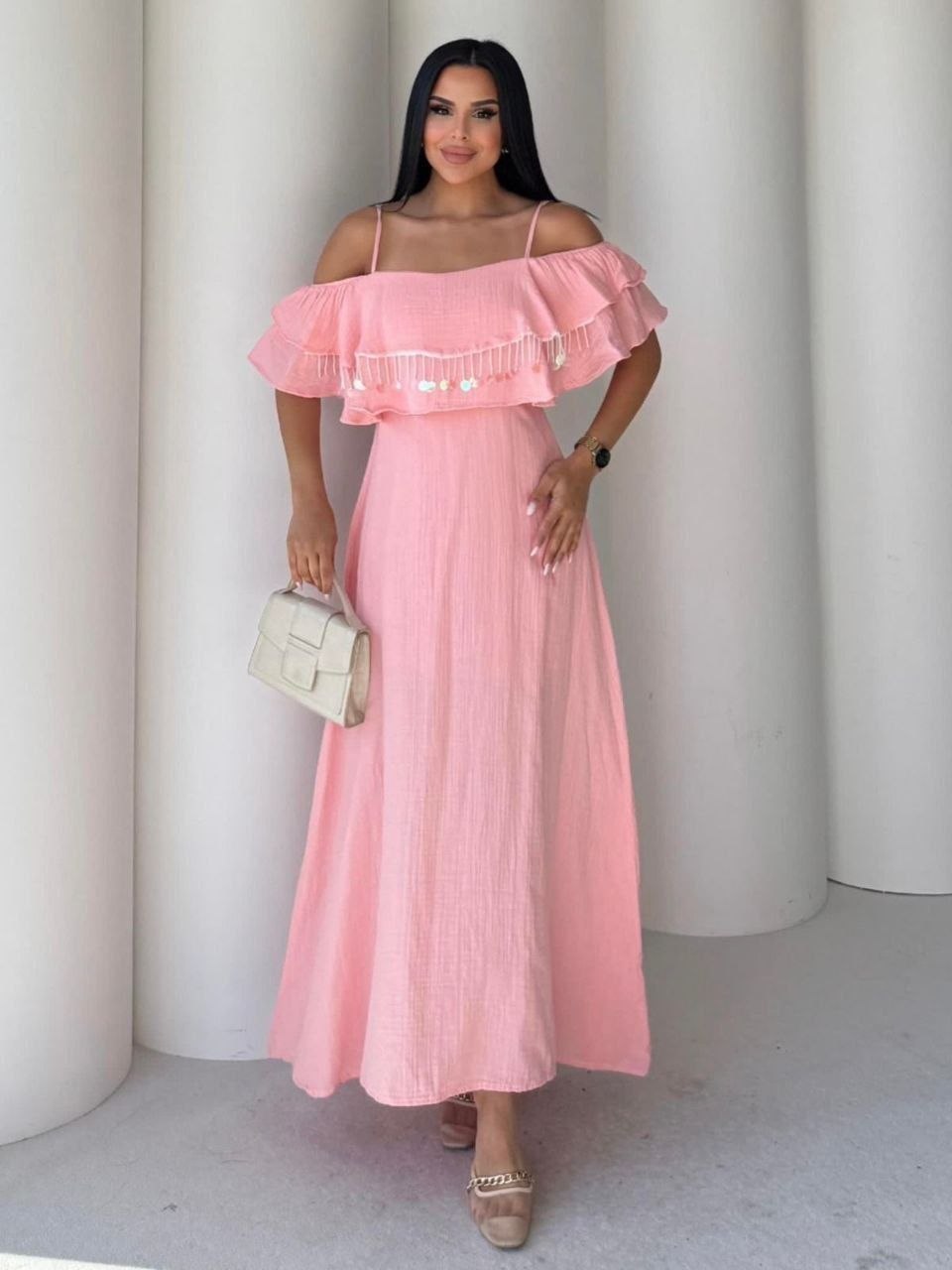 ASPRIN Blush Charm Off-Shoulder Maxi Dress – Luxury Turkish Summer Dress