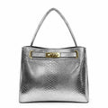 Molita Silver Snake Pattern Glossy Handbag with Gold Lock Detail – Turkish Design