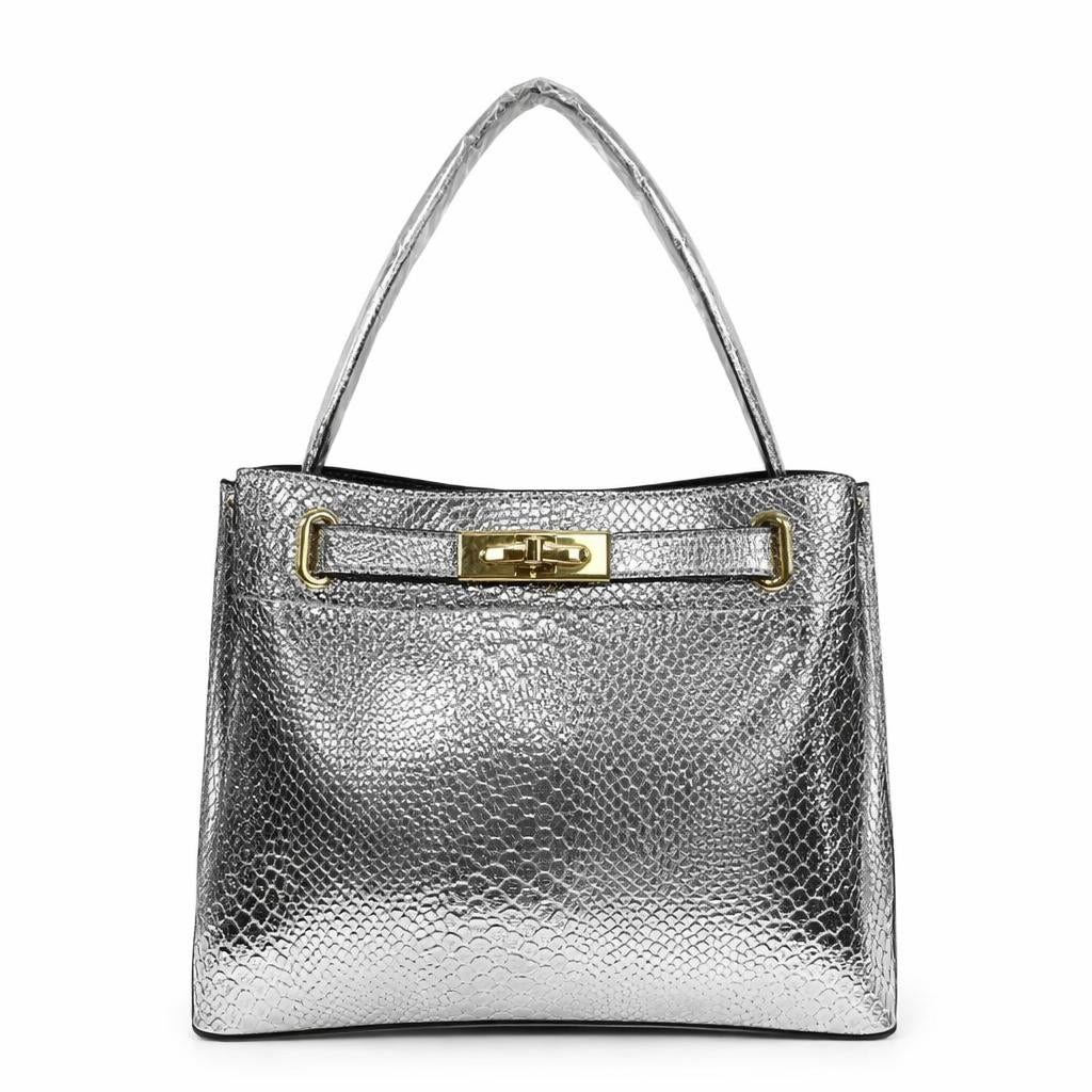 Molita Silver Snake Pattern Glossy Handbag with Gold Lock Detail – Turkish Design