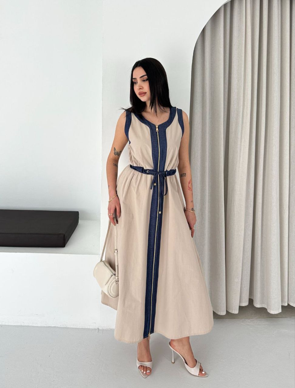 ASPRIN Beige & Denim Maxi Dress – Luxury Turkish Elegant Style
