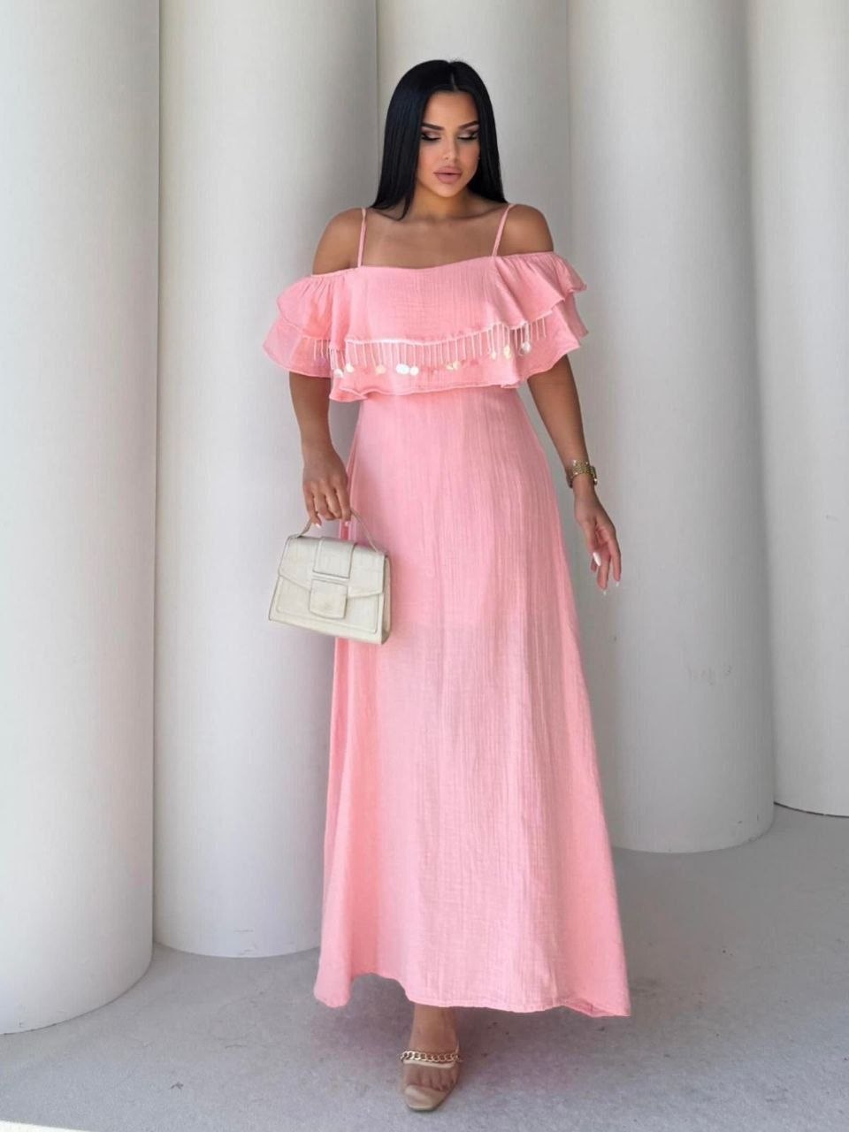 ASPRIN Blush Charm Off-Shoulder Maxi Dress – Luxury Turkish Summer Dress