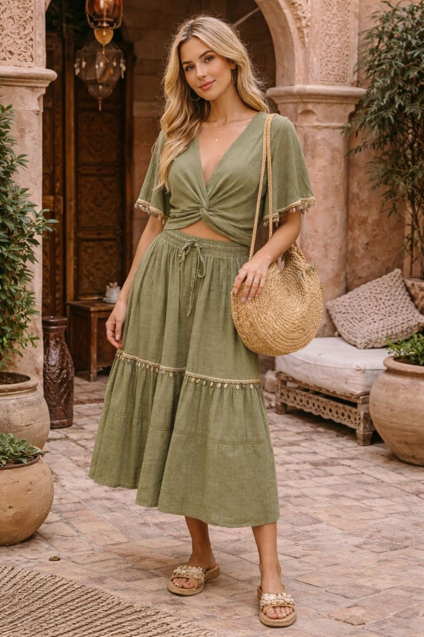 ASPRIN Olive Boho Two-Piece Set – Luxury Turkish Summer Outfit