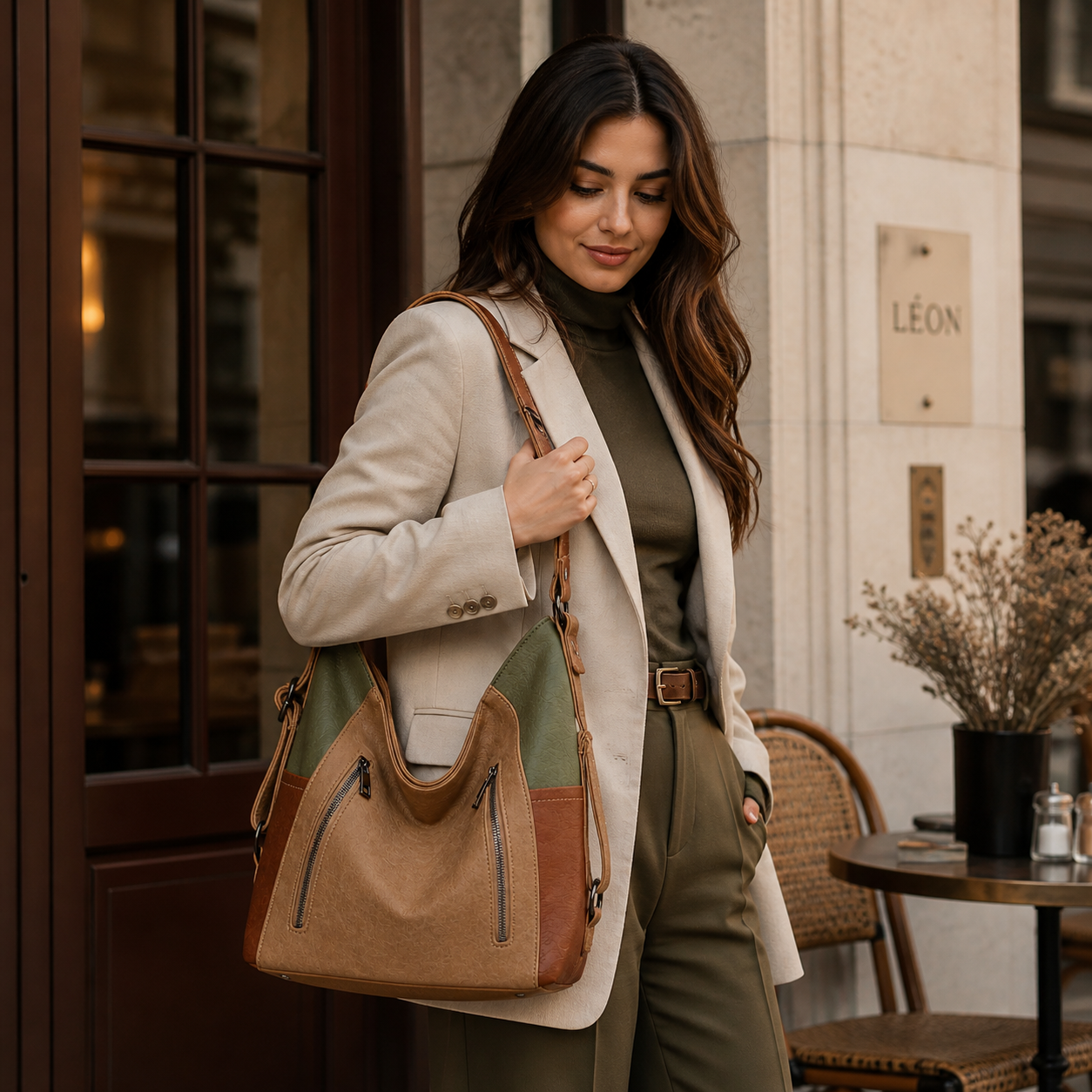 Sellona Bag Brown & Green Two-Tone Suede Hobo Shoulder Bag with Dual Zipper Detail – Turkish Design