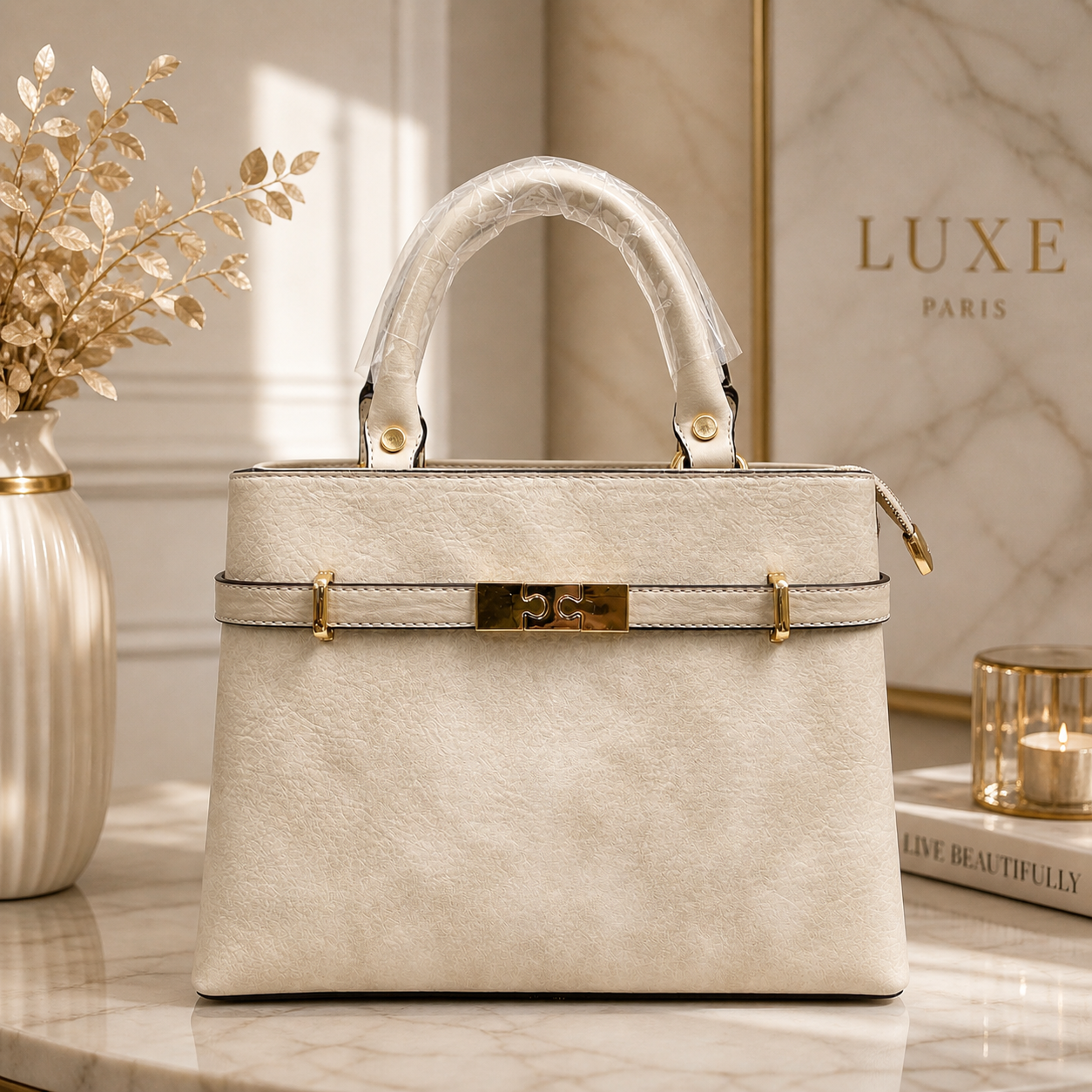 Molita Beige Classic Structured Handbag with Gold Lock Detail – Turkish Design