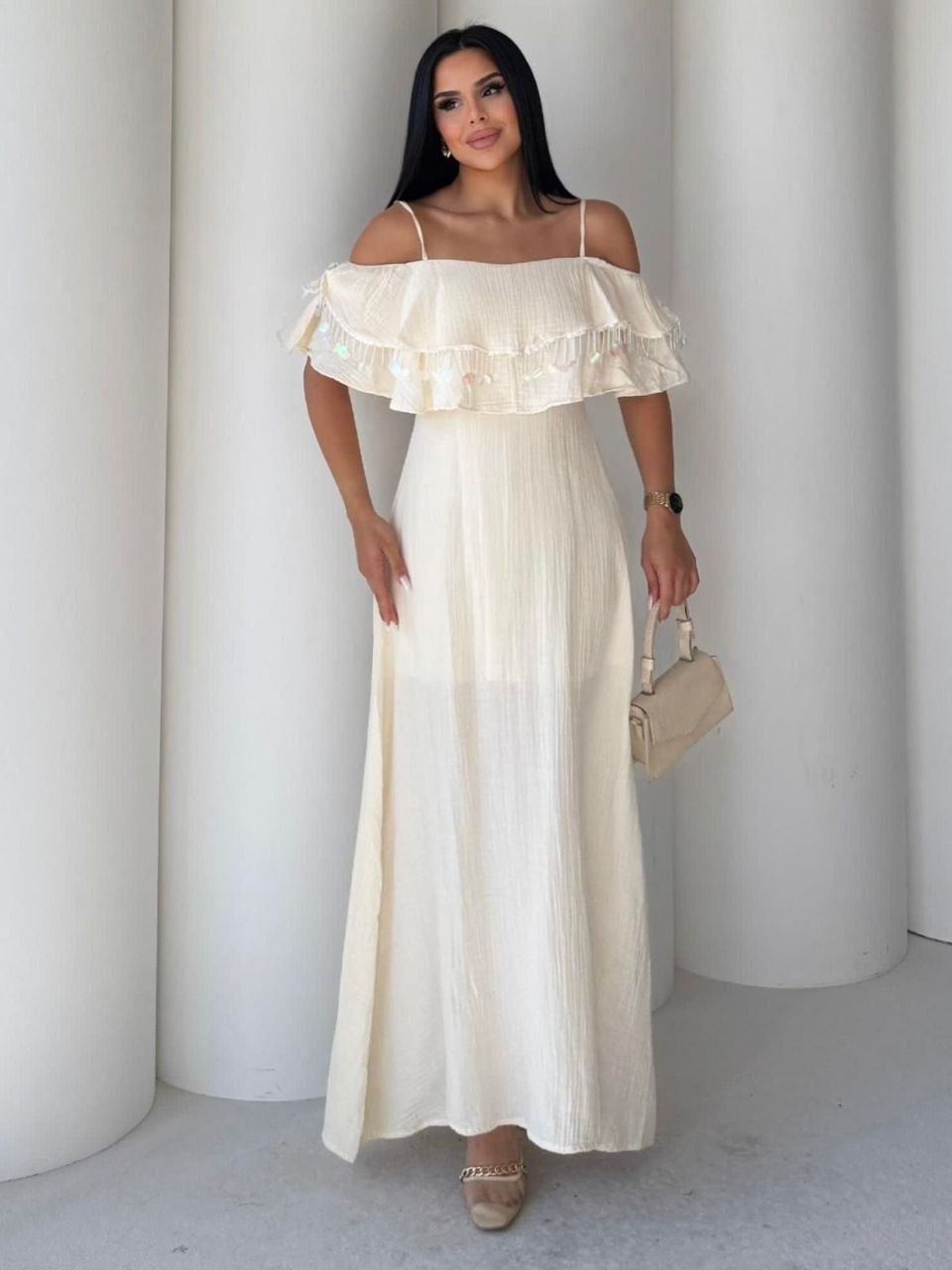 ASPRIN Elegant Off-Shoulder Maxi Dress – Luxury Turkish Summer Dress