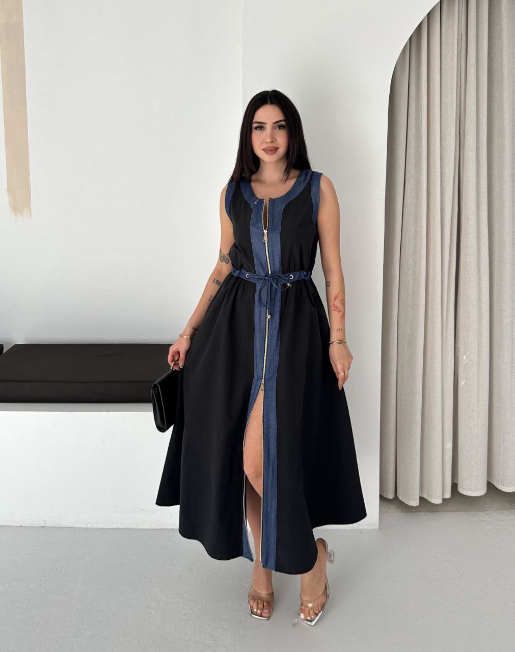 ASPRIN Black & Denim Maxi Dress – Luxury Turkish Elegant Style
