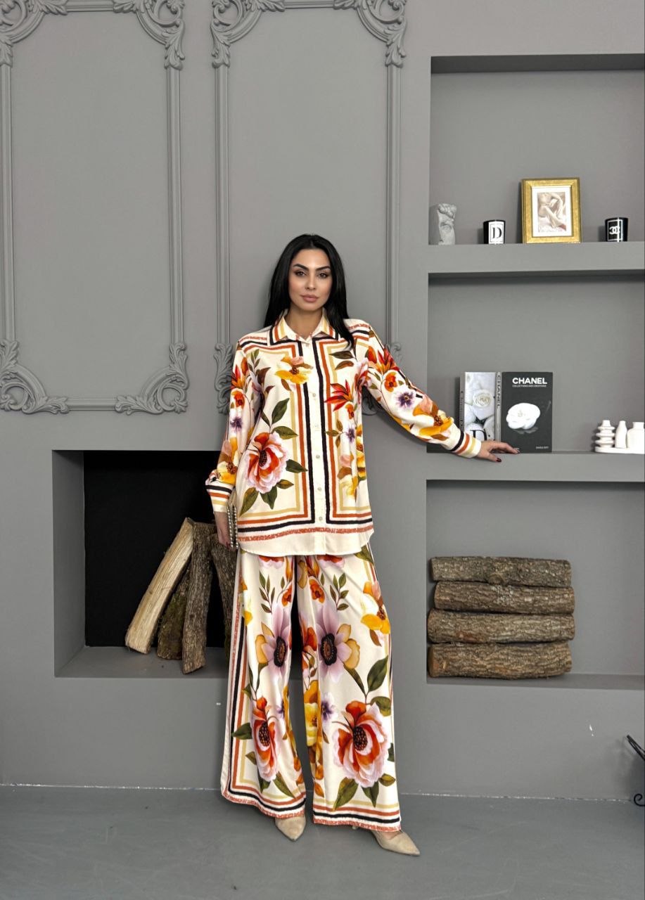 MSN Blossom Luxe Shirt & Wide Leg Pants Set – Elegant Turkish Fashion