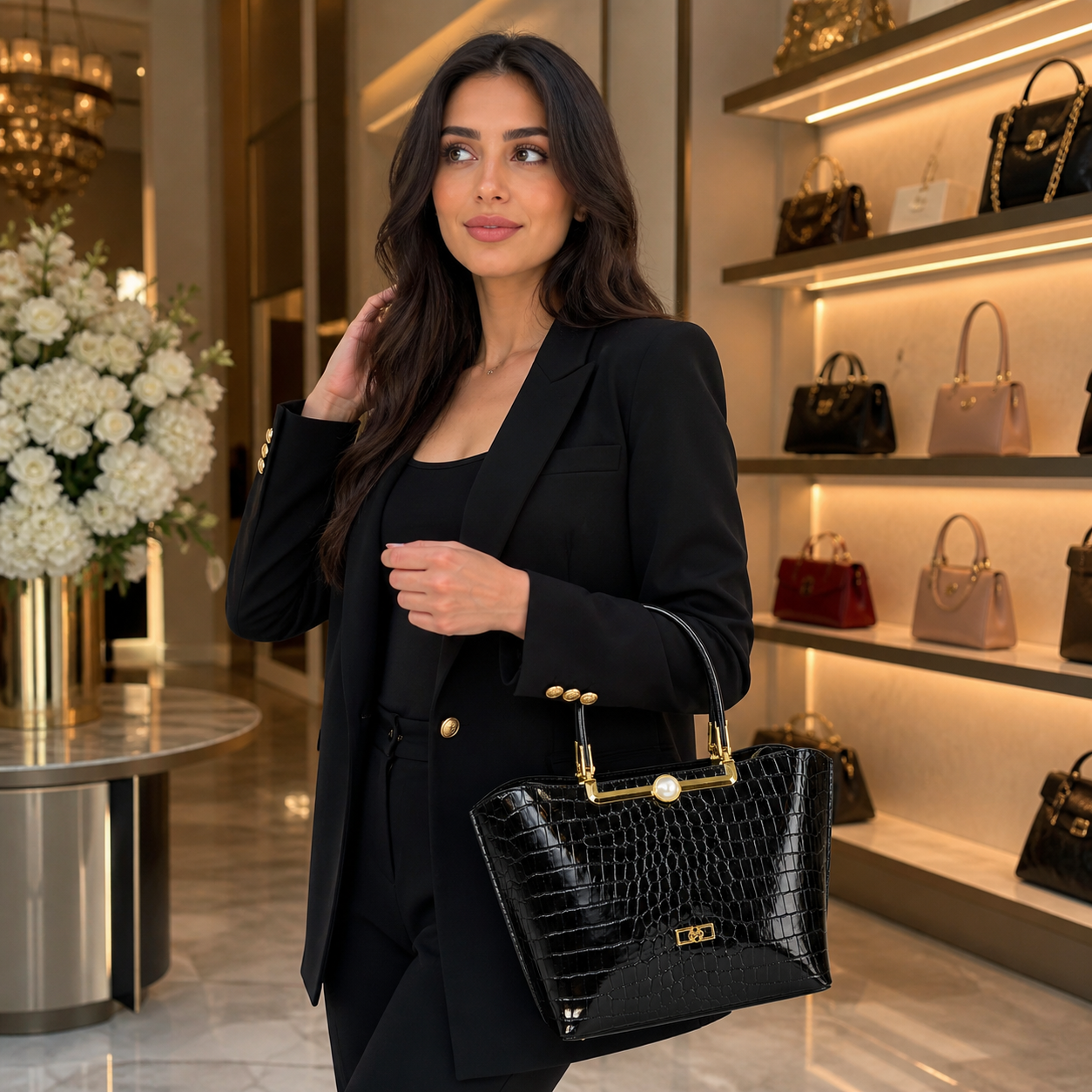 Elegant Black Croc-Embossed Handbag with Gold Frame & Pearl Lock Detail